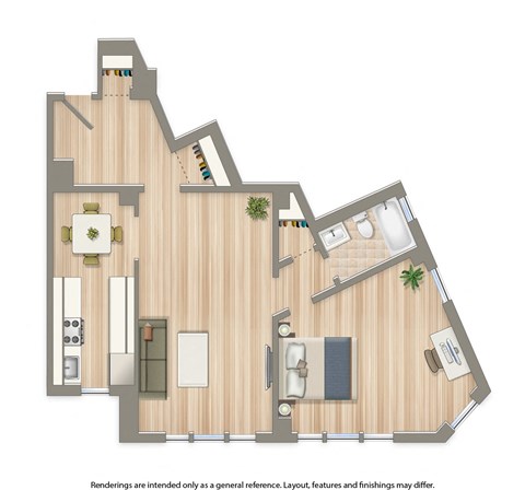 Floor plan for 1 bed, 1 bath, 672 sqft